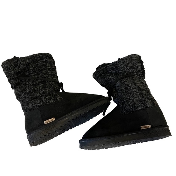 Women’s MUK LUKS Black Fold Over Sherpa Lined Cable Knit Boots - Picture 4 of 6